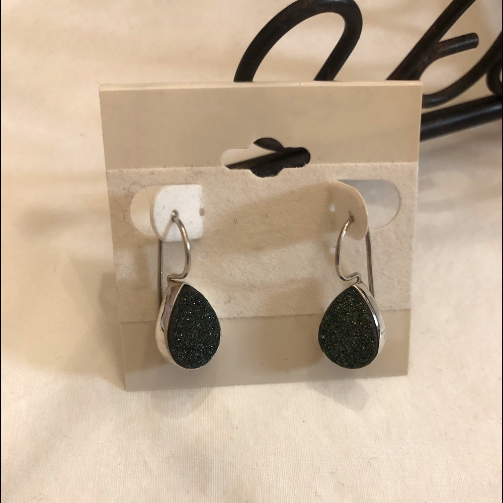 Silver Tear Drop Green Druzy Stone Earrings
